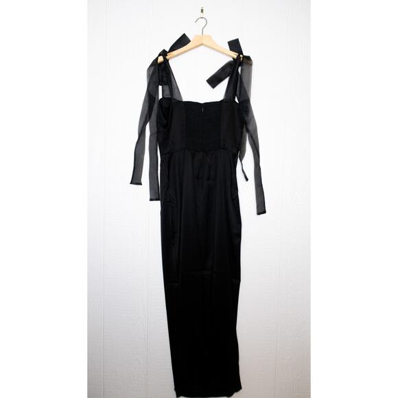 REFORMATION Kacia Black Satin Sheer Organza Bow Tie Straps Maxi Dress US 10 NWT - Picture 9 of 13